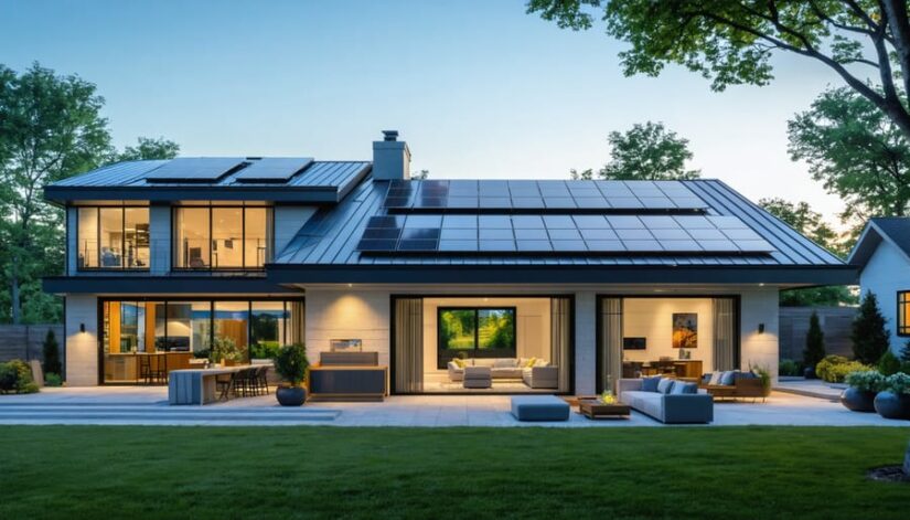 A modern Illinois home with solar panels and an advanced energy storage system, operating efficiently during a summer evening, surrounded by eco-friendly features and green landscape.