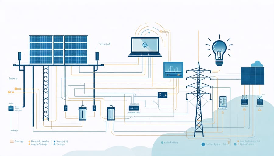 Technical illustration of smart grid energy storage system and battery management components