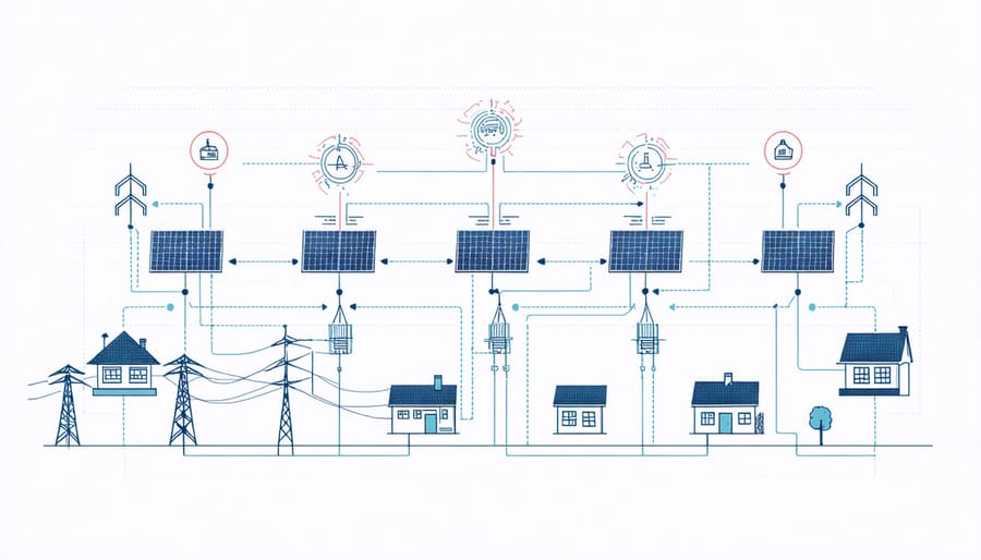 Visual representation of smart grid system components showing energy flow and communication networks