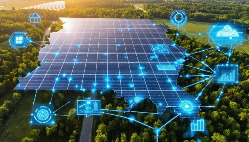 An illustrated map of Illinois showing an optimized solar supply chain network with highlighted delivery routes from both local and international suppliers, strategically positioned distribution centers, and symbols of digital tools for enhanced efficiency.