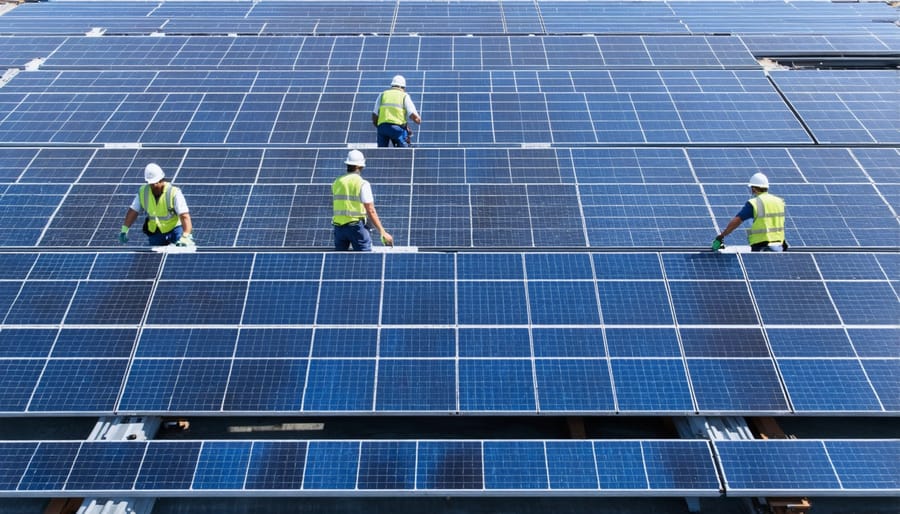 Industrial facility workers carefully disassembling end-of-life solar panels on specialized workstations