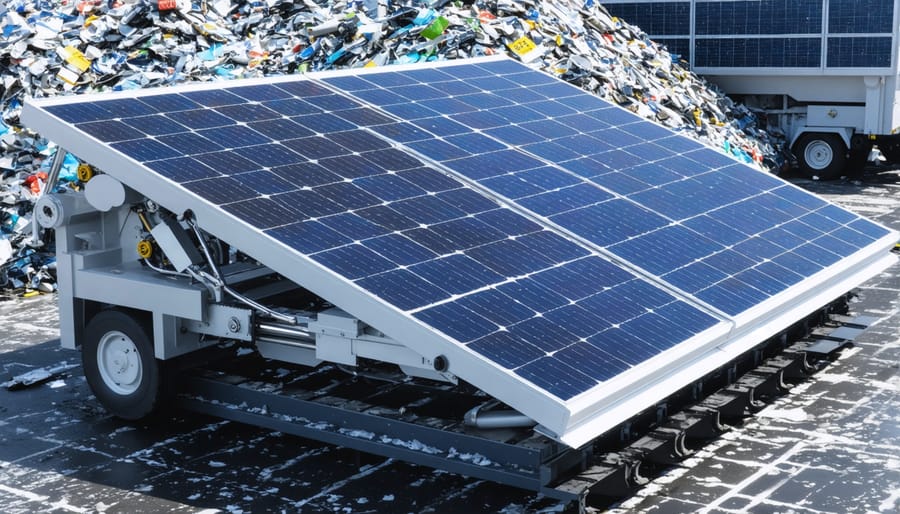 Automated recycling equipment extracting valuable materials from solar panels including glass, silicon, and metals