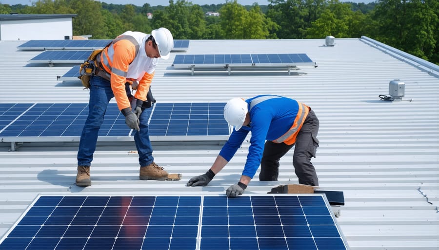 Professional solar installers wearing safety gear and using eco-friendly installation methods on a residential rooftop