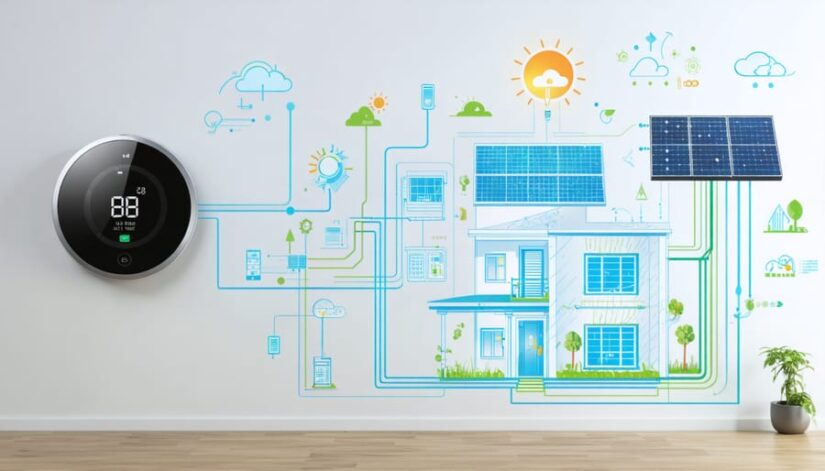 Conceptual illustration of a smart thermostat connected to a home network, depicting data flows, smartphone control, solar integration, and energy savings.