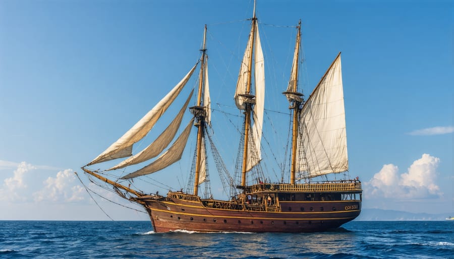 Silhouette of traditional sailing ship with full sails against sunset sky