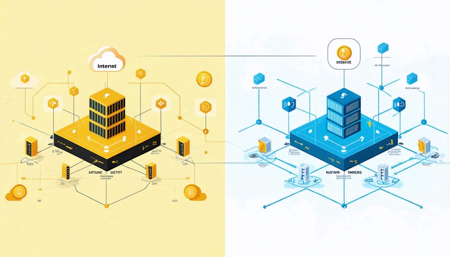 Side-by-side comparison of centralized vs decentralized internet infrastructure models