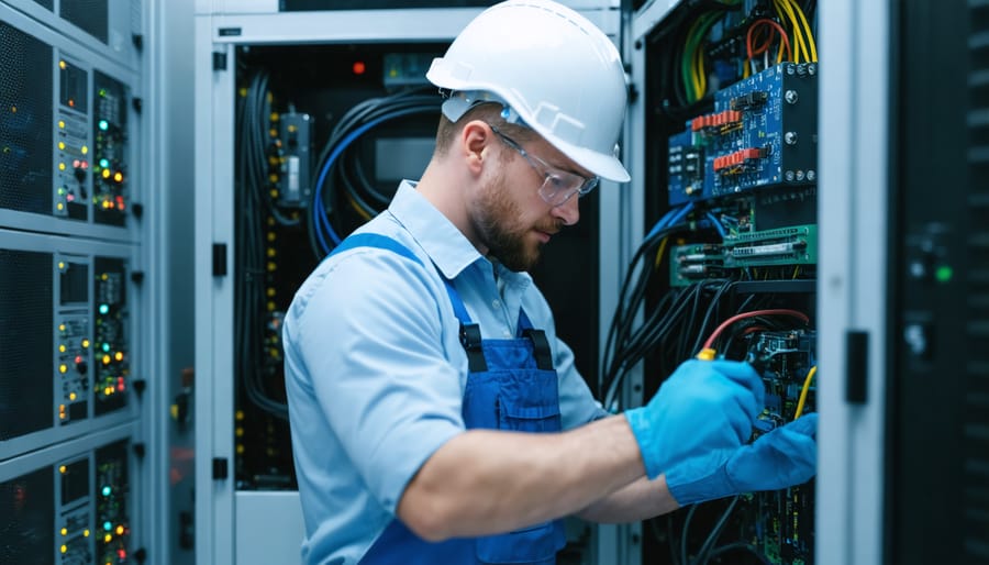 Professional technician performing maintenance check on solar inverter equipment