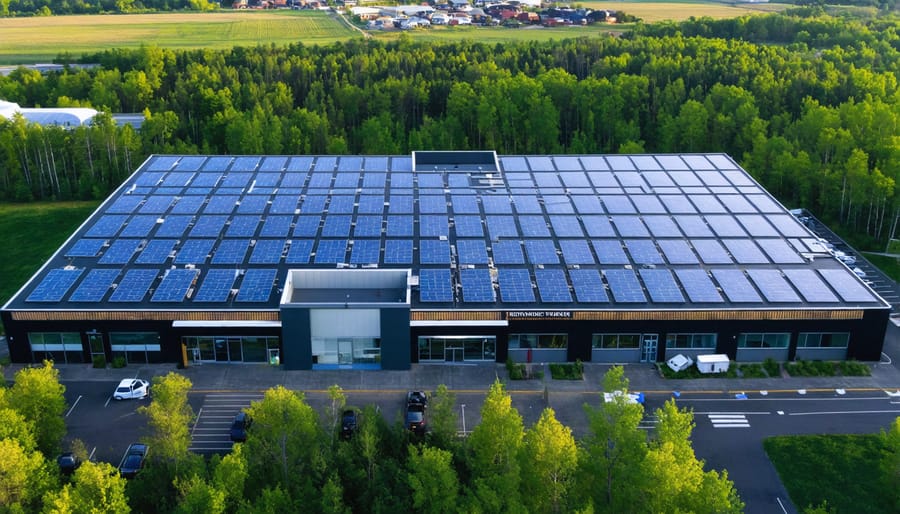 Operating retail business interior with lights and systems running while neighboring buildings remain dark during outage