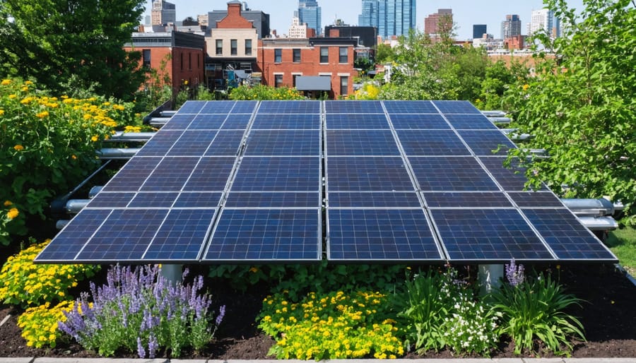 Ground-mounted solar array next to active community gardens with people gardening