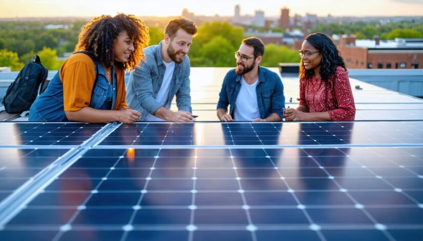 "A diverse group of people discussing solar panels on a rooftop in an Illinois neighborhood during golden hour."