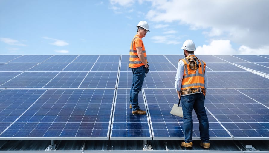 Group of diverse community leaders standing among rooftop solar panels