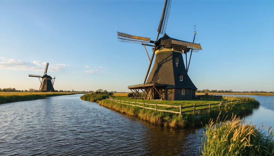 Traditional Dutch windmill with rotating sails in wheat field during afternoon light