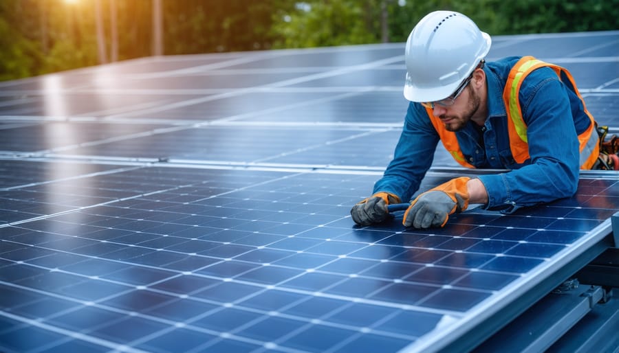 Electrician connecting solar system wiring to residential electrical panel