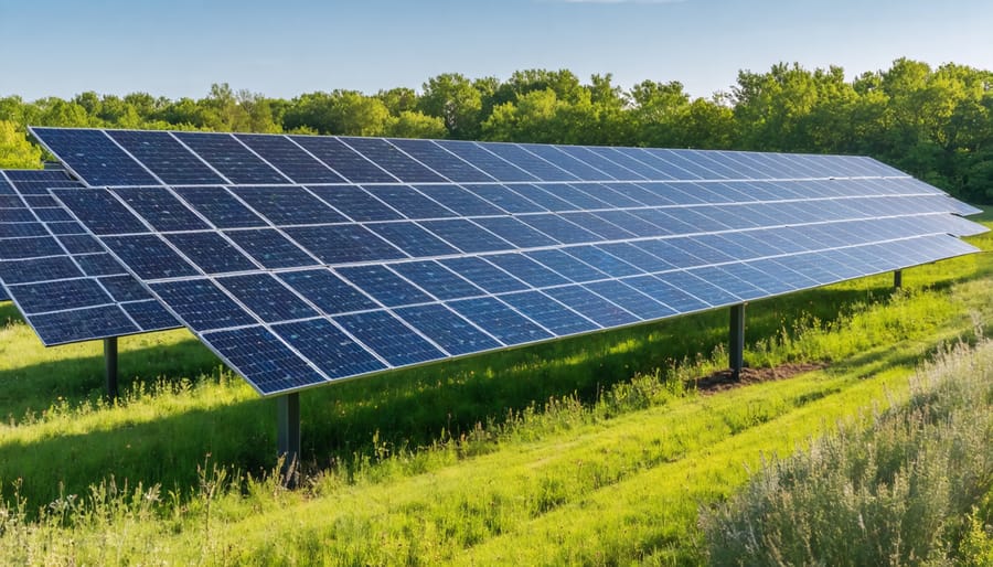Large solar array installation surrounded by prairie flowers at sunset
