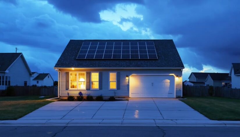 Midwestern suburban house at dusk with rooftop solar panels and a wall-mounted battery storage unit, warmly lit while neighboring homes are dark, utility poles silhouetted against receding storm clouds.