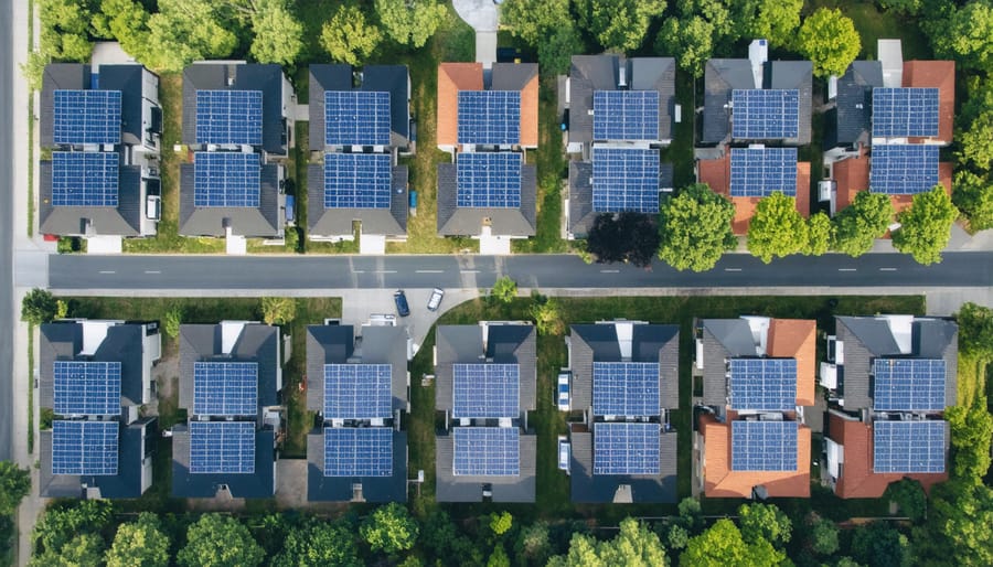 Bird's eye view of residential solar installations and energy storage systems forming a local microgrid
