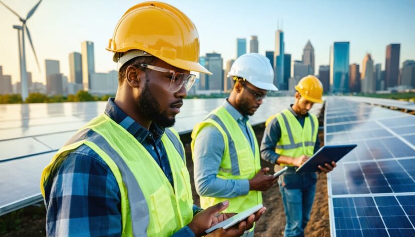 Diverse renewable energy workers on a solar farm in Illinois, an engineer with a tablet in the foreground and a technician inspecting panels, with wind turbines and the distant Chicago skyline under warm evening light.