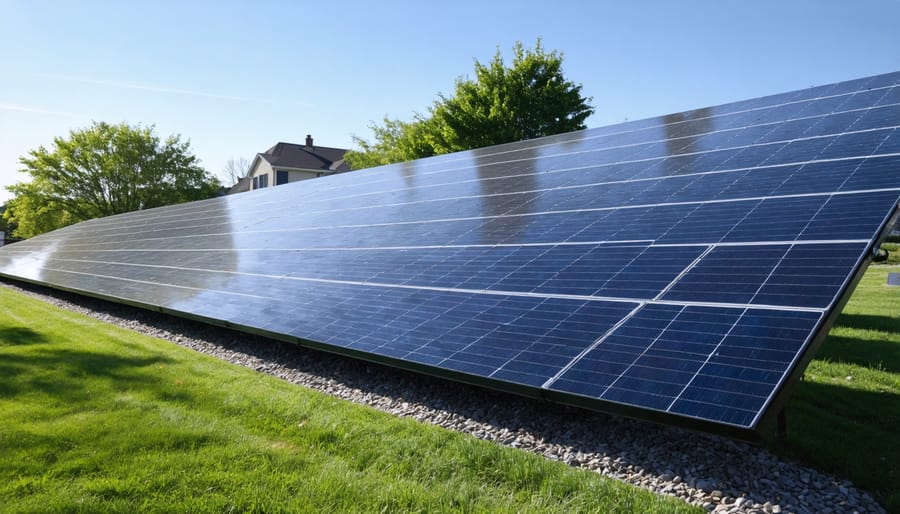 Aerial view of multiple homes with rooftop solar installations in a diverse residential neighborhood