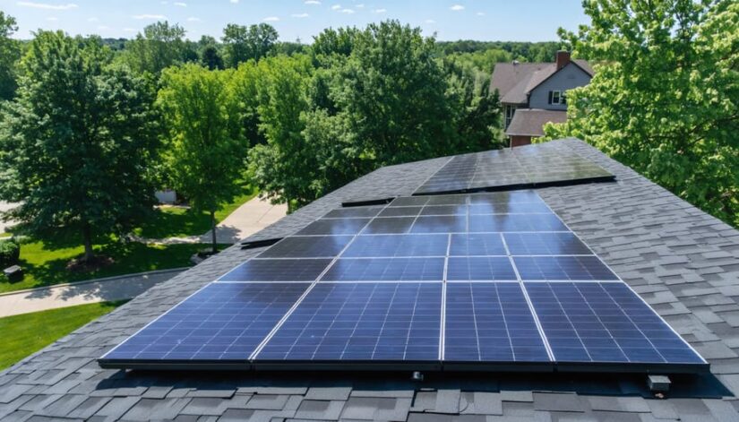 "Solar panels on rooftops in a suburban neighborhood, representing Illinois's clean energy initiatives."