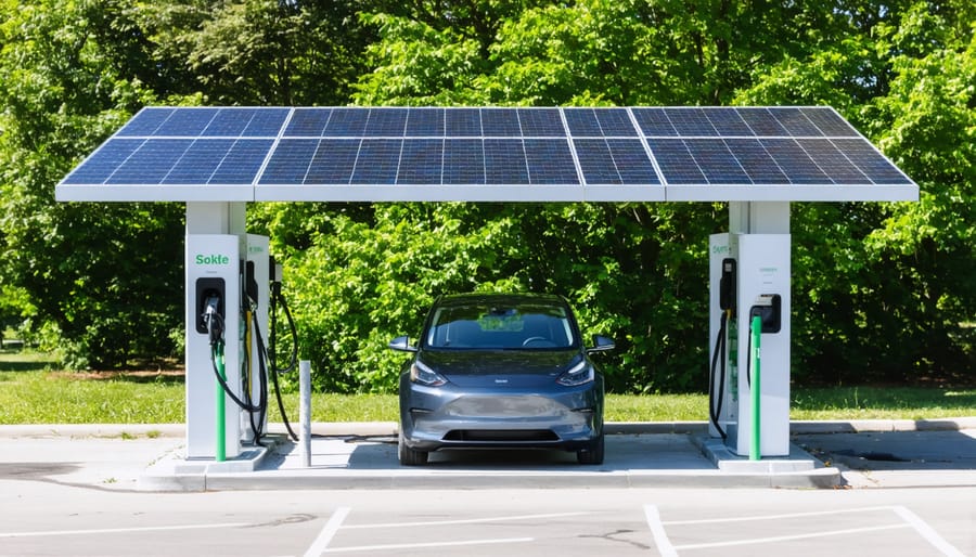 Electric vehicle charging under solar canopy at a public charging station in Illinois