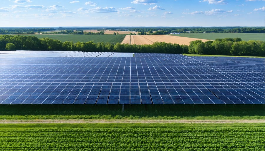 Large-scale solar panel array in rural Illinois farmland showing renewable energy integration