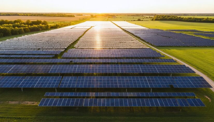 "Large-scale solar farm in Illinois captured at sunset, showing extensive rows of solar panels with farmland in the background."