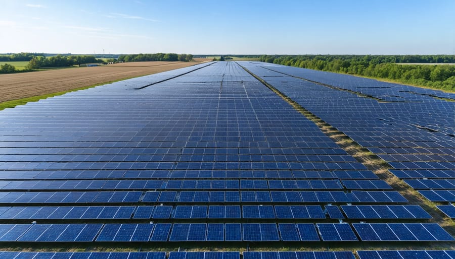 Aerial view of large solar farm installation at sunset with farmland in background
