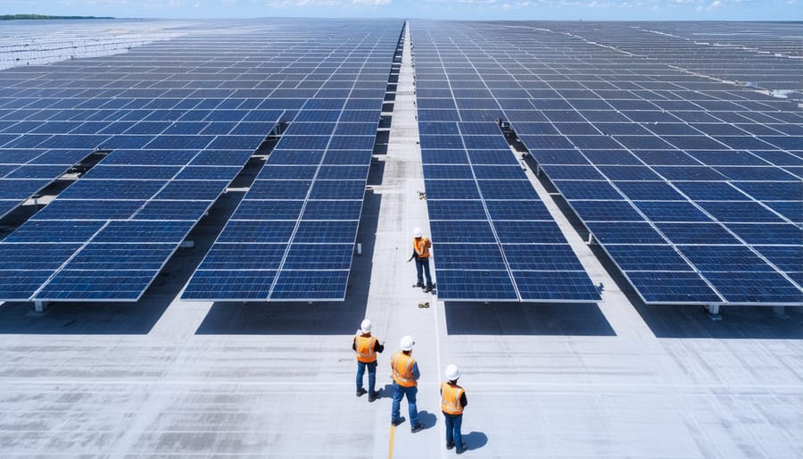 Large utility solar farm in Illinois with maintenance technicians working on panels