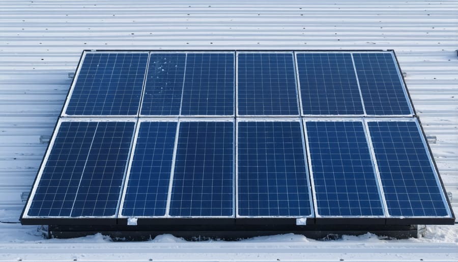 Solar panels covered in light snow on a suburban Illinois home's roof