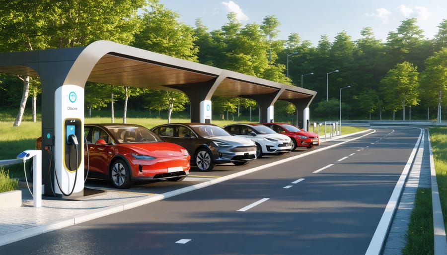 Aerial view of a highway rest stop featuring multiple EV charging stations and solar panels