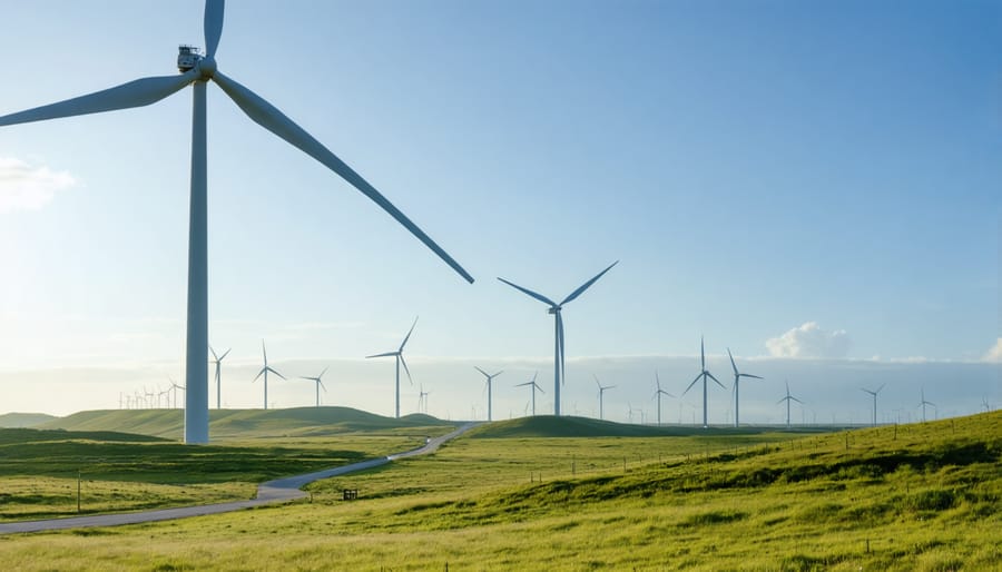 Modern wind turbines backlit by sunrise with atmospheric morning haze