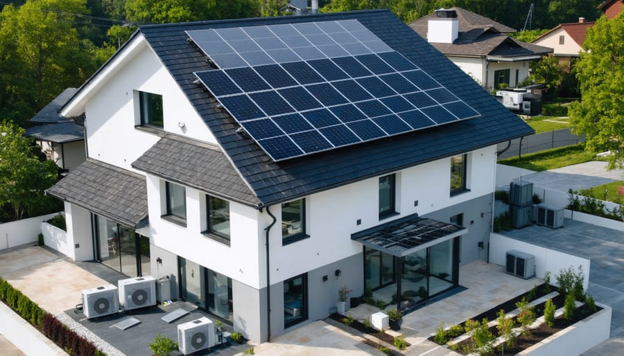 Residential home with solar panel array on roof and battery storage unit at ground level