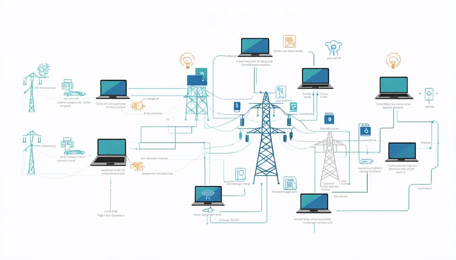 Infographic illustrating connection between power grid, charging stations, and renewable energy sources