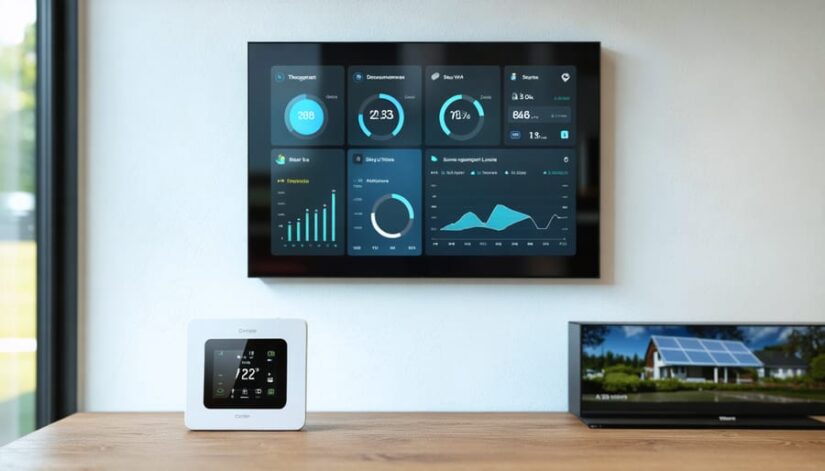 A modern home energy management dashboard displaying real-time energy usage, solar production, and smart device integration. The setup showcases how smart systems control and optimize home energy consumption for savings and efficiency.