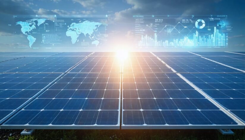 An illustration showing the convergence of financial strategies and technical schematics over a solar panel installation, representing smart risk management in solar energy investment.