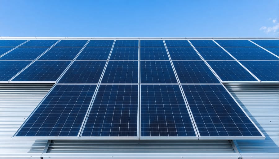 Rooftop solar panel array with visible monitoring sensors