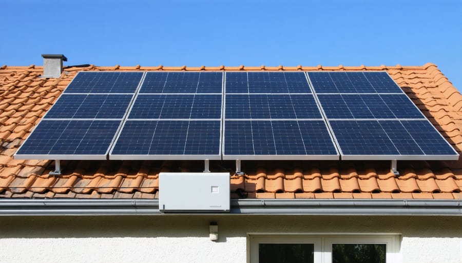 Residential solar installation with visible battery storage system and smart energy management components