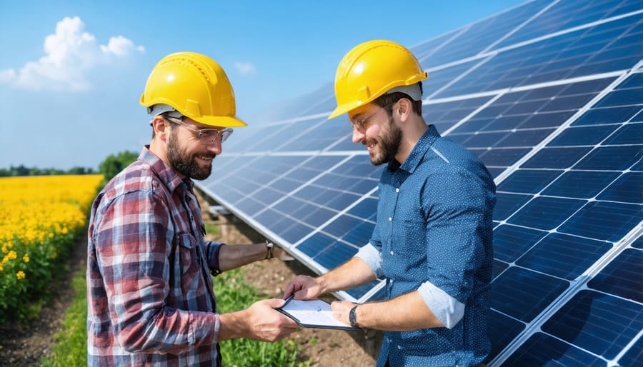 Diverse group of investors examining solar installation together