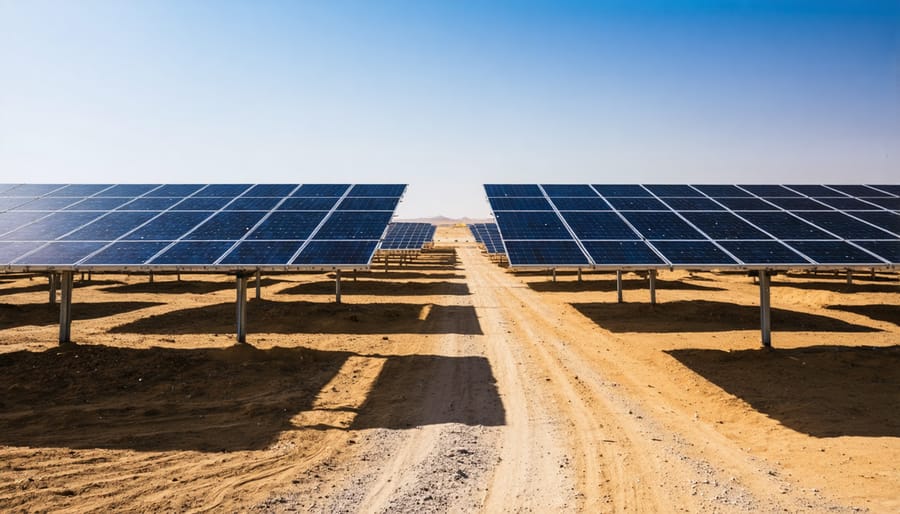 Aerial view of extensive solar panel installation in desert landscape