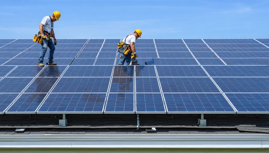 Professional solar installers mounting solar panels on a residential roof