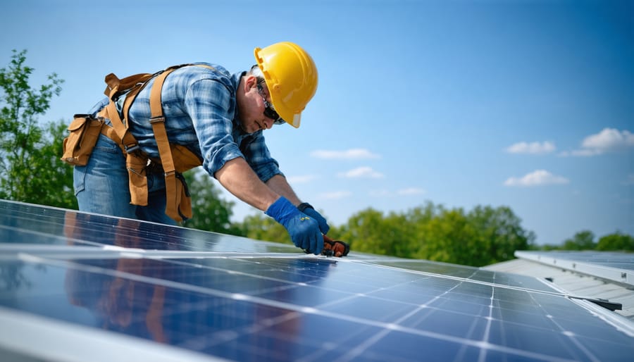 Solar installation technician mounting solar panels on residential rooftop