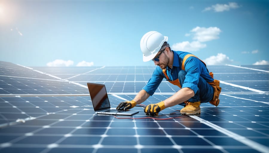 Solar technician setting up monitoring systems on rooftop solar installation