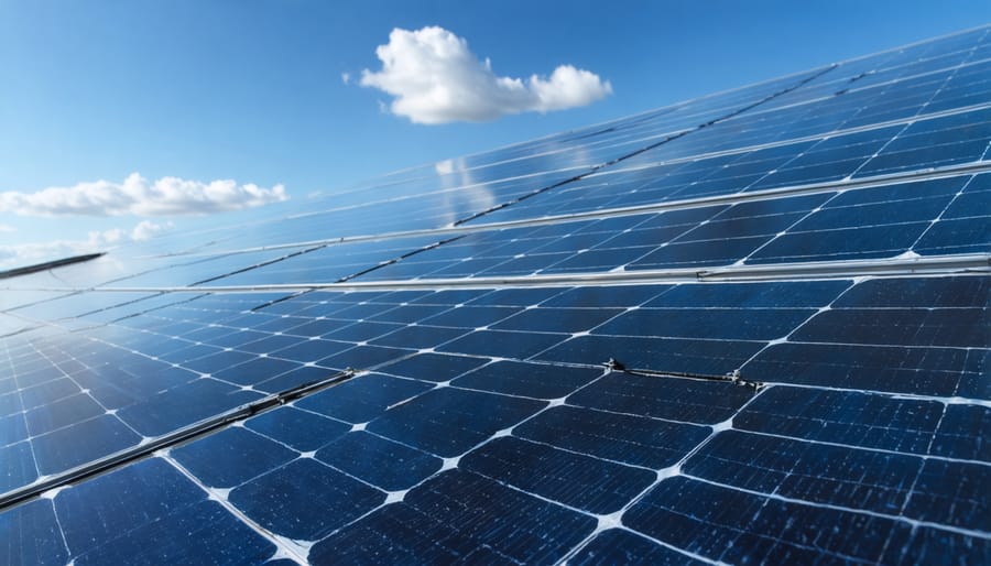 Solar panels with modern monitoring equipment and control systems at dusk