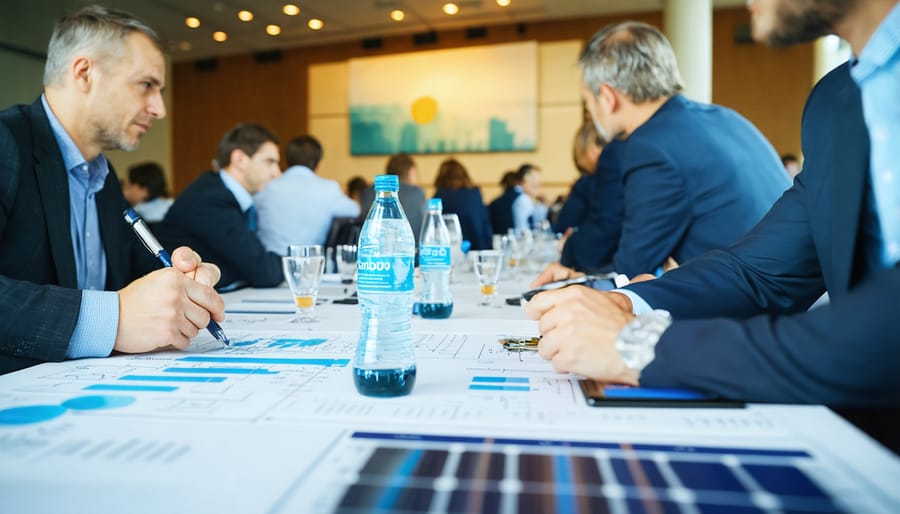 Diverse group of professionals networking at a renewable energy industry event