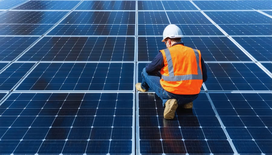 Solar maintenance technician monitoring system performance at solar panel array