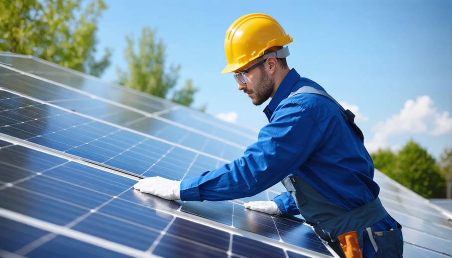 Professional technician inspecting solar panels with diagnostic equipment
