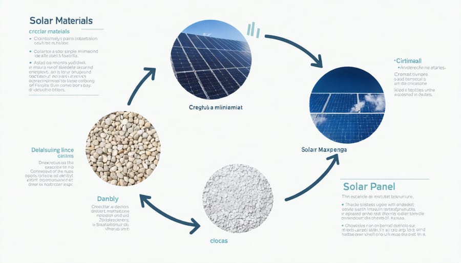 Circular diagram illustrating the lifecycle of solar panel materials from manufacturing to recycling