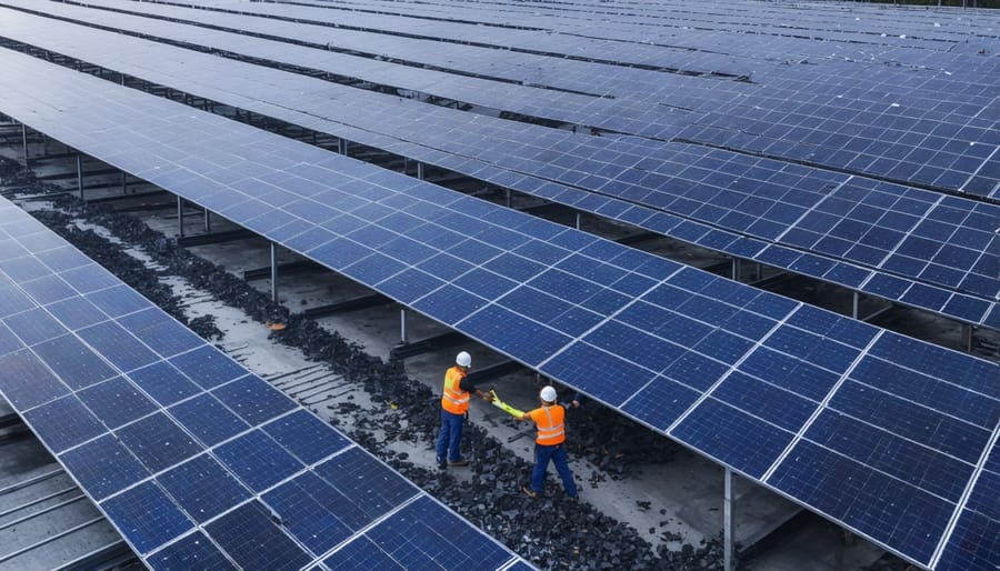 Workers at a solar panel recycling facility separating and processing different components