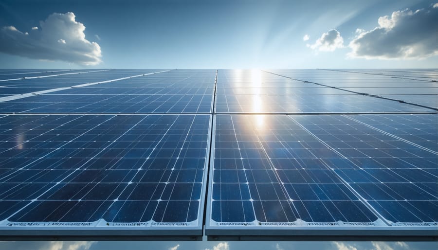 Pile of damaged and discarded solar panels in industrial waste facility