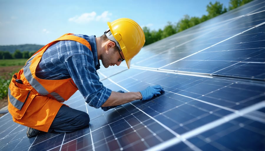Professional solar installer working on utility-scale solar panel installation